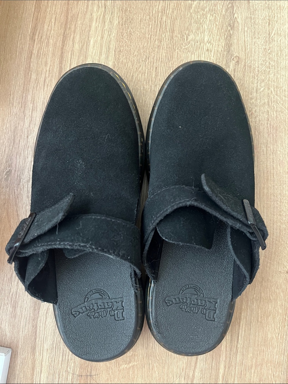 Dr. Martens Black Suede Slip-On Clog Mules with Buckle Strap